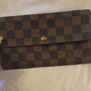 Louis Vuitton Damier Ebene Long Wallet Snap Closure Zipper Coin Pouch